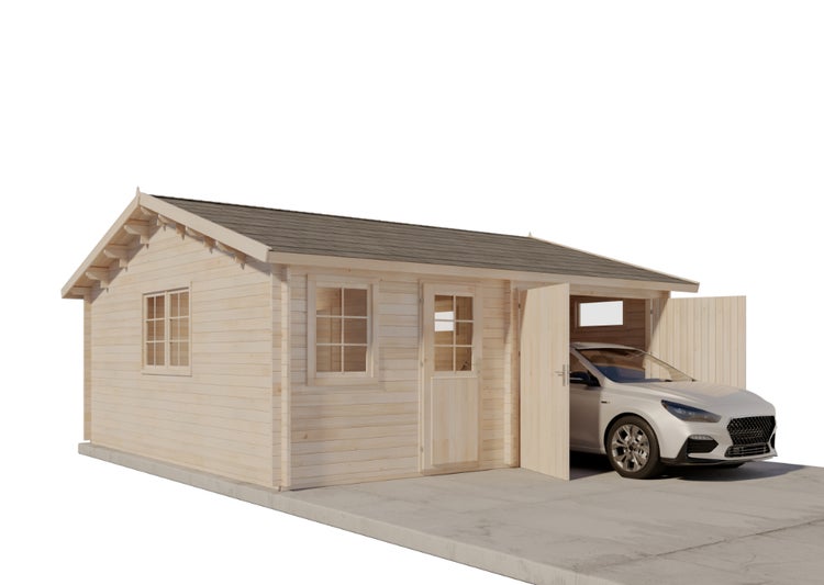 Holzgartenhaus mit angebautem Carport und einem parkenden Auto