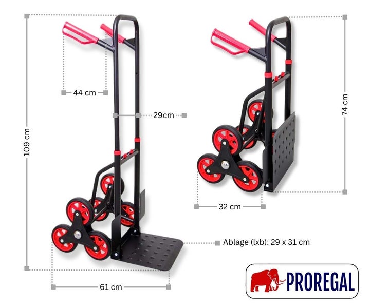 PROREGAL Klappbarer Profi-Treppensteiger TAURUS 150 HxBxT 110 x 45 x 61 cm Traglast 150 kg Stahlrahmen Ergonomische Griffe TPR-Gummiräder Rot-Schwarz