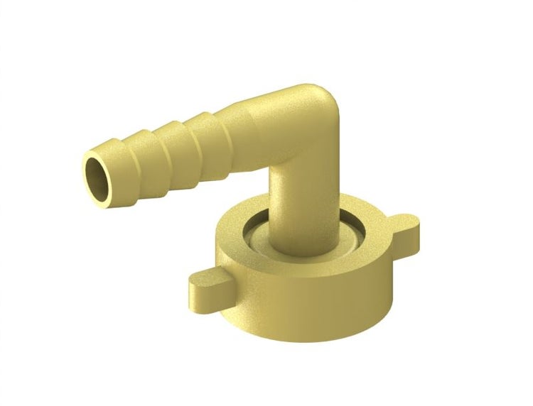 Gelbe Winkel-Schlauchtülle aus Kunststoff mit 90-Grad-Bogen und geripptem Anschluss.