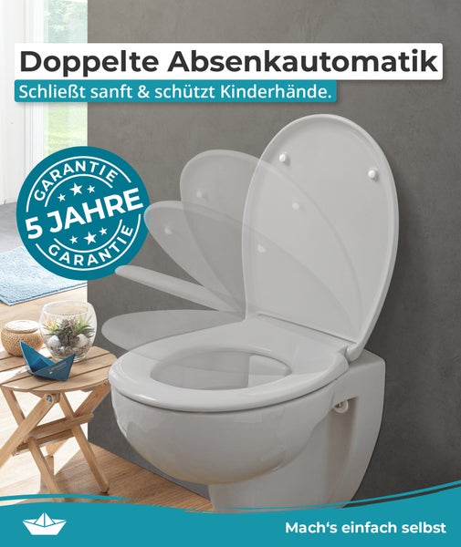 Calmwaters® WC Sitz Original einfache Montage, Premium Toilettendeckel bis 250 kg, Made in EU, aus antibakteriellem Duroplast, Absenkautomatik, 2 Montage Optionen, abnehmbar, Klobrille, oval, Manhattan-Grau