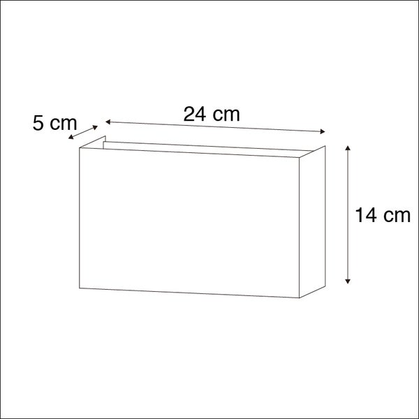 Technische Zeichnung einer rechteckigen Pflanzschale mit den Maßen 24 x 14 x 5 cm