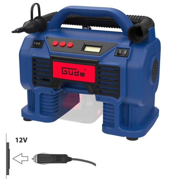 Blauer Güde Kompressor mit Güde Logo, digitalem Display, verschiedenen Aufsätzen und 12 Volt Anschluss für das Auto.