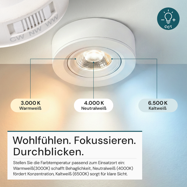 Deckeneinbaustrahler mit einstellbarer Farbtemperatur von 3000 Kelvin warmweiß bis 6500 Kelvin kaltweiß zur individuellen Anpassung des Lichts.