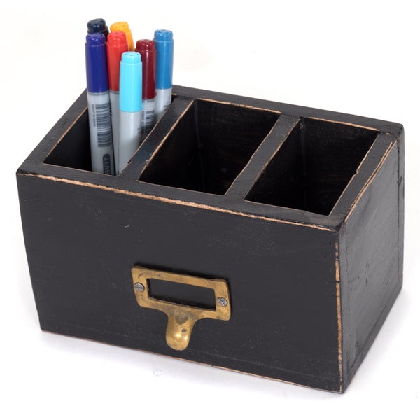 Holzschreibtisch-Organizer mit drei Fächern und Stiften