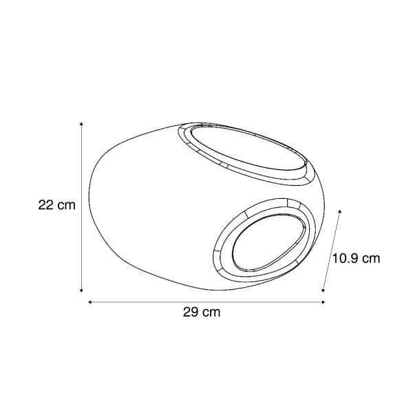 Strichzeichnung einer ovalen Leuchte mit Maßangaben 22 cm, 29 cm und 10,9 cm.