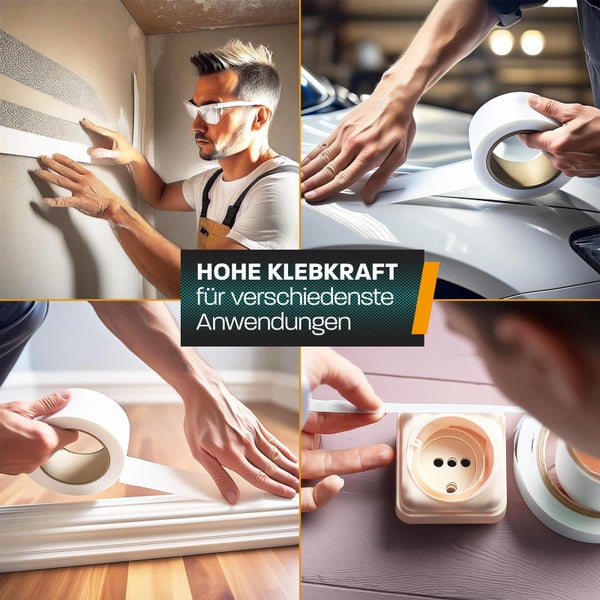 Anwendungsbeispiele für stark haftendes Klebeband bei Malerarbeiten, zum Abkleben eines Autos, einer Zierleiste und einer Steckdose.