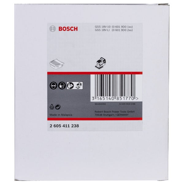 Etikett für Bosch Akku-Schwingschleifer GSS 18 Volt mit Bosch Logo, Barcode und Symbolen für Augenschutz, Atemschutz und Anleitung.