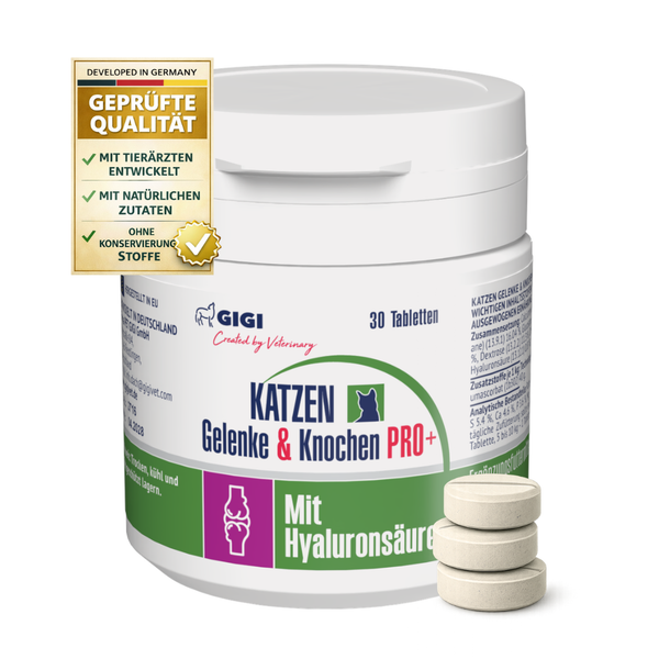 GIGI Katzen Gelenke und Knochen PRO Plus, Nahrungsergänzungsmittel für Katzen, 30 Tabletten mit Hyaluronsäure für die Gelenkgesundheit.