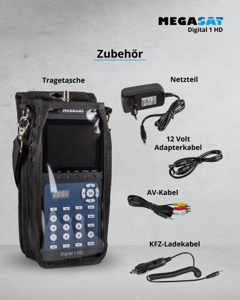Megasat Digital 1 HD Satelliten Messgerät Set mit Tragetasche, Netzteil, 12 Volt Adapterkabel, AV Kabel und KFZ Ladekabel als Zubehör.