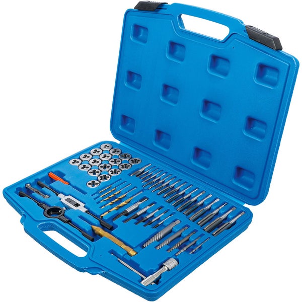 Gewindeschneider- und Bohrer-Set in blauem Werkzeugkasten