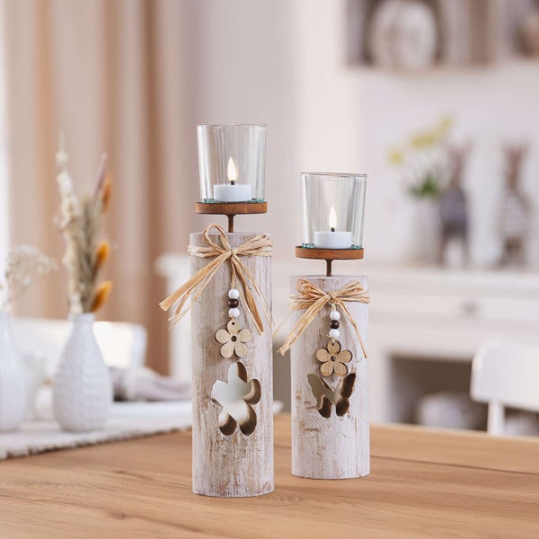 FRANK FLECHTWAREN | Windlicht Blüten, 2er Set, HOLZ, METALL, GLAS, BAST, 8 x 8 x 30 cm, 8 x 8 x 35 cm