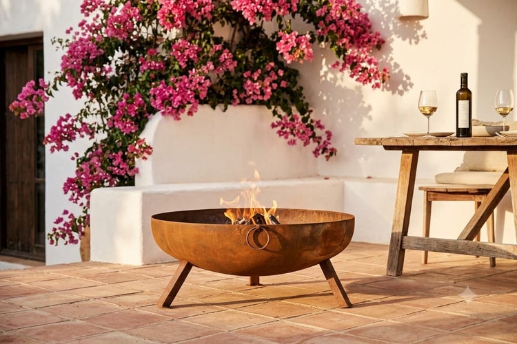 Feuerschale aus Metall mit Patina Optik brennend auf einer Terrasse vor einer Wand mit blühenden Pflanzen und einem Holztisch.