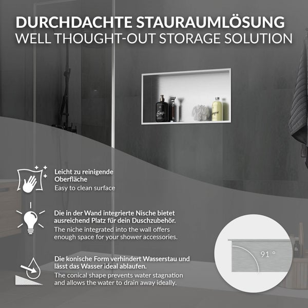 Wandeinbaunische für Duschzubehör mit leicht zu reinigender Oberfläche und 91 Grad Neigung für optimalen Wasserablauf.