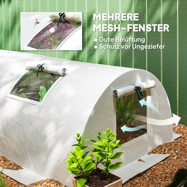 Outsunny Gewächshaus mit Rollfenster Runddach, winterfest Foliengewächshaus aus Stahl wasserabweisend Treibhaus für Balkon Tomatenhaus mit UV schutz 300x80x45cm Tomatengewächshaus für Gemüse, Weiß