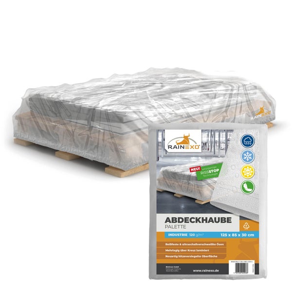 Rainexo Abdeckhaube für Paletten, 120 Gramm pro Quadratmeter, 125 mal 85 mal 30 Zentimeter, reißfest, wasserdicht und ultraviolettbeständig.