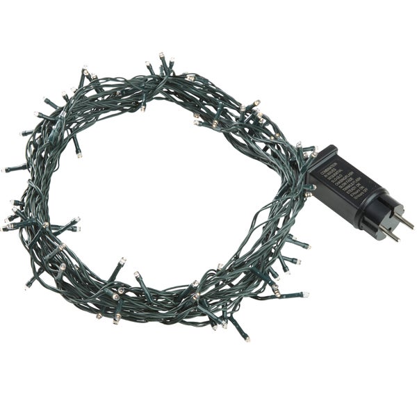 LED-Lichterkette in Ringform gebündelt mit dunkelgrünem Kabel und schwarzem Netzstecker.