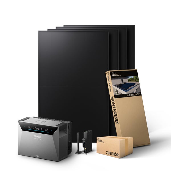 Komplettes Balkonkraftwerk Set für Flachdächer mit Solarmodulen, Anker Solix Solarbank 2 Pro, Montageset und Zubehör.