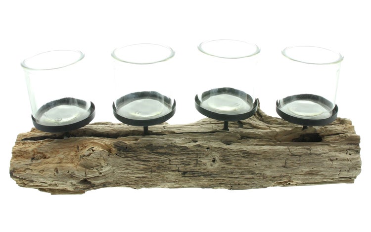 FRANK FLECHTWAREN | Kerzenhalter Wood, ULME, METALL, GLAS, ca. 49 x 10 x 18 cm, Glas Ø 8 x 8 cm