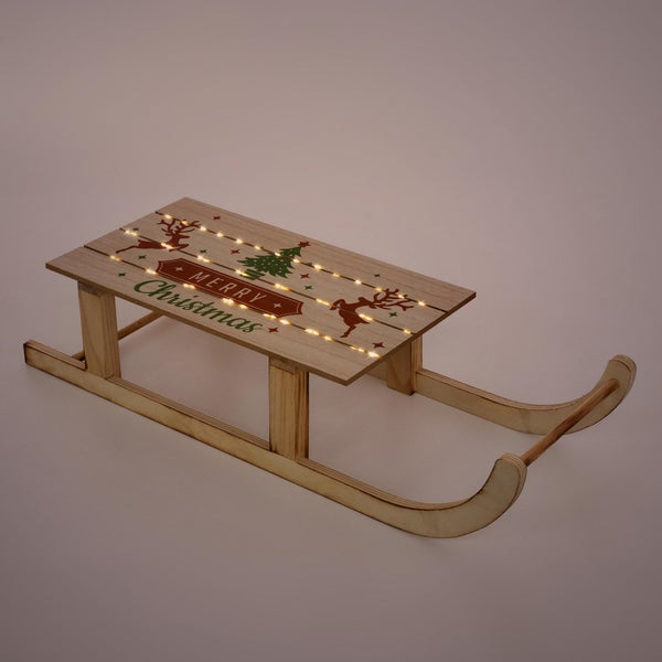 ECD Germany LED Deko Schlitten aus Holz mit 60 warmweißen LEDs, 60x21x13,5 cm, Braun, Batterriebetrieben, Beleuchteter Dekoschlitten mit Timer, Weihnachtsdeko Weihnachten Dekoration Deko Holzschlitten
