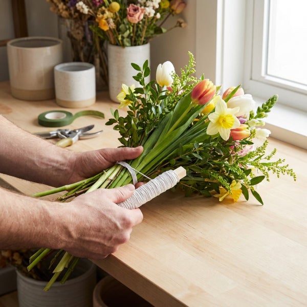 Eine Person bindet einen Frühlingsblumenstrauß mit Gartendraht auf einer hölzernen Werkbank mit Vasen und Gartenschere im Hintergrund.