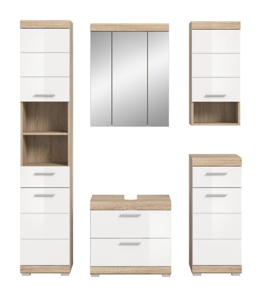 Badezimmermöbel-Set in Weiß und Eiche-Optik bestehend aus Hochschrank, Spiegelschrank, Waschbeckenunterschrank und zwei Beistellschränken.