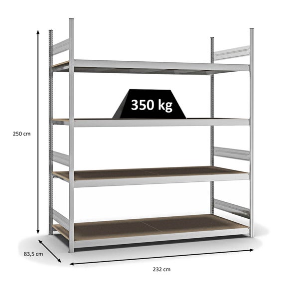 PROREGAL Weitspannregal Stecksystem T-Profil Grundregal HxBxT 250x225x80 cm 4 Ebenen Spanplatten Fachboden Fachlast 350 kg Verzinkt