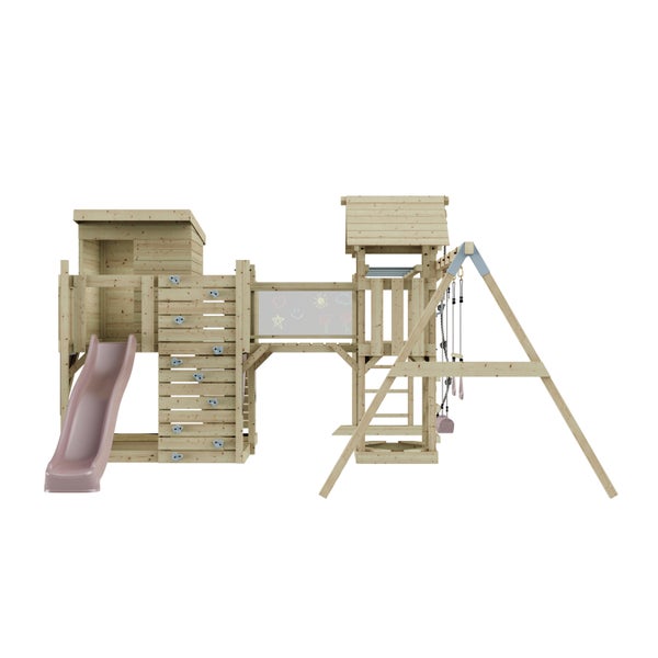 Holzspielplatz mit Rutsche, Schaukel und Kletterwand