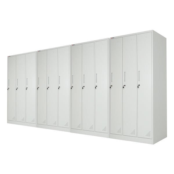 Metall-Spindschrank mit 12 Abteilen, lichtgrau, abschließbar, mit Belüftungsschlitzen.