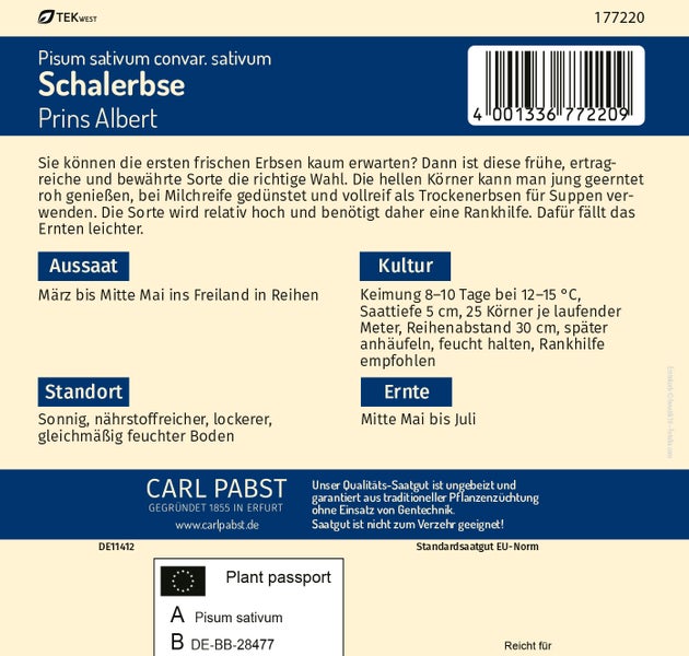Rückseite der Samentüte für Schalerbse Prins Albert der Marke Carl Pabst mit Details zu Aussaat, Standort, Kultur und Ernte.