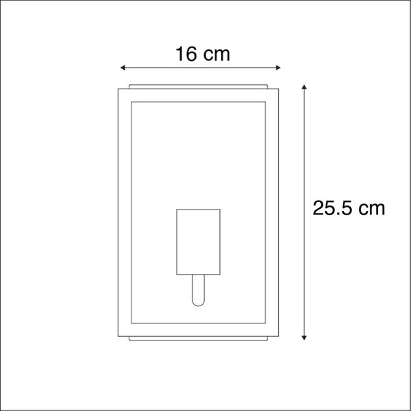Maßzeichnung einer Wandleuchte mit den Abmessungen: Breite 16 Zentimeter, Höhe 25,5 Zentimeter.