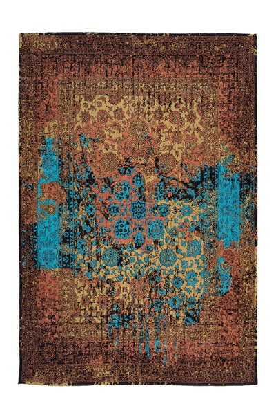 Rechteckiger Webteppich im Vintage Design mit orientalischem Muster und abstrakten Elementen in verschiedenen Farbtönen.