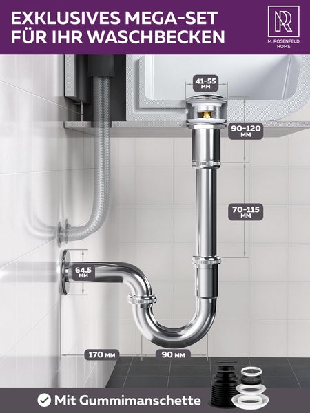 Waschbecken Siphon Mega-Set mit Gummimanschette und Maßangaben