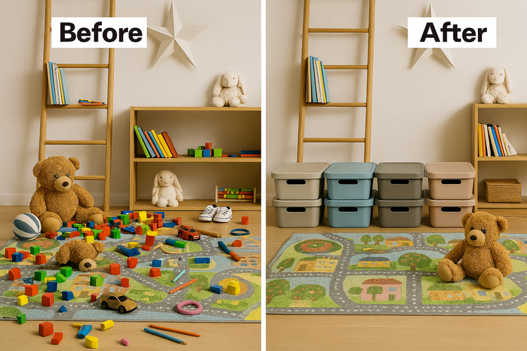 Vorher-Nachher-Ansicht eines aufgeräumten Kinderzimmers mit Spielzeug in Aufbewahrungsboxen