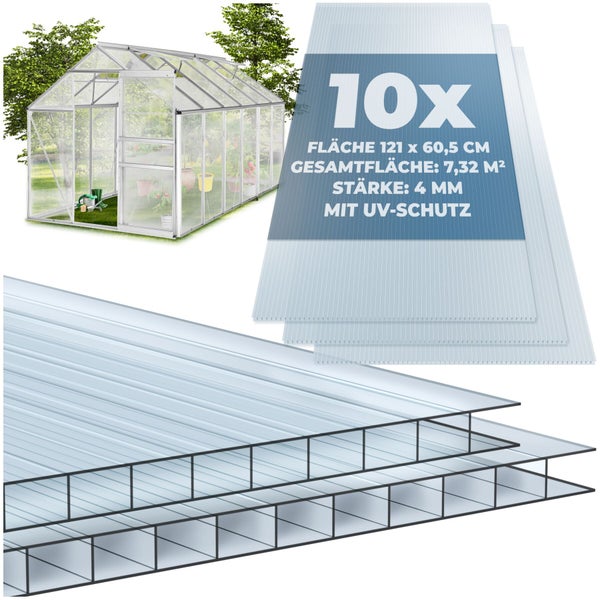 10er Set Hohlkammerplatten aus Polycarbonat für Gewächshäuser, 121 mal 60,5 Zentimeter, Stärke 4 Millimeter, UV-geschützt.