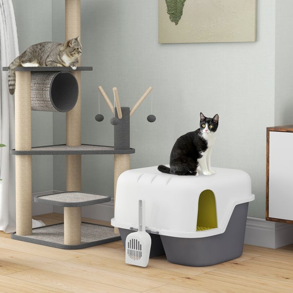 PawHut Katzentoilette mit Deckel, Katzenklo mit Sieb, Schaufel, geschlossen Katze Toilettenhaus für kleine Katze unter 3,5 kg, Indoor, Kunststoff, Cremeweiß