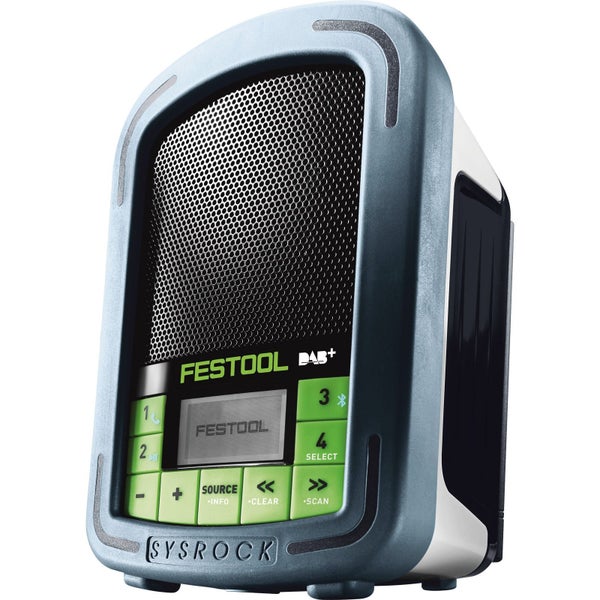 Festool Baustellenradio SYSROCK mit DAB plus, Bluetooth, Display und Bedienelementen.