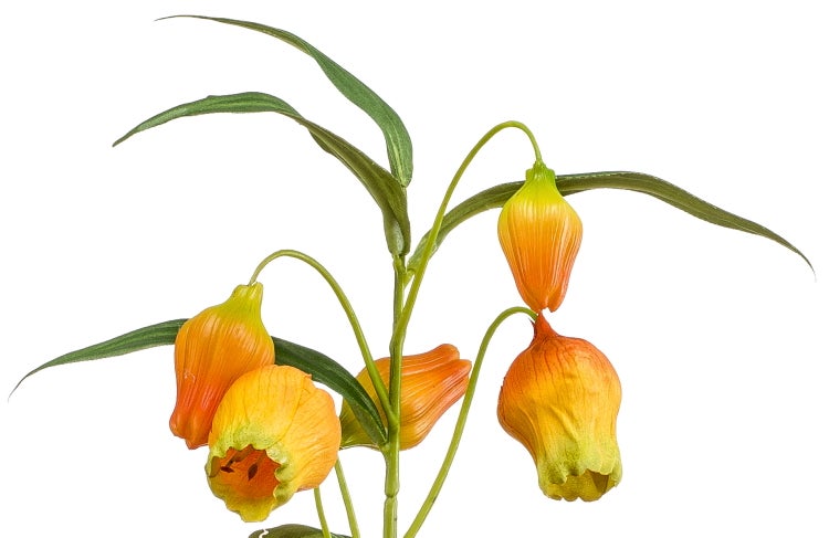Künstlicher Blumenzweig mit orange-gelben glockenförmigen Blüten und grünen Blättern.