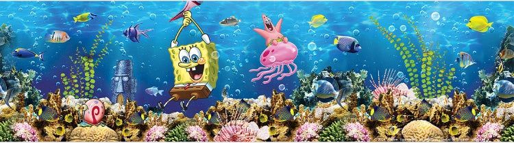 Wandbordüre mit SpongeBob Schwammkopf und Patrick Star in einer belebten Unterwasserwelt mit Korallenriff und Fischen.