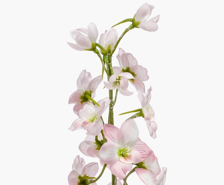 Künstlicher Rittersporn mit mehreren rosa und weißen Blüten an einem grünen Stiel.