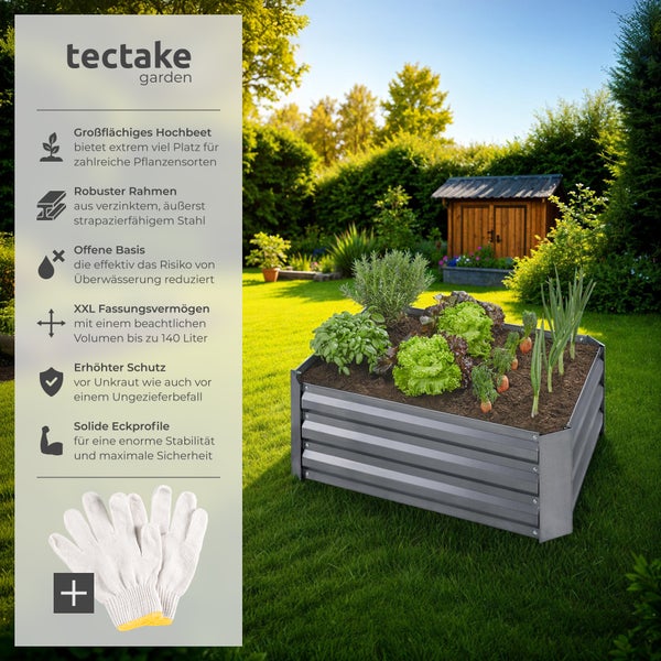 Hochbeet aus Stahl mit Gemüse und Gartenhandschuhen im Garten