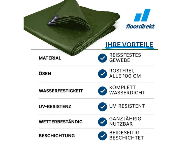 Abdeckplane mit den Eigenschaften: Reissfestes Gewebe, rostfreie Ösen alle 100 cm, komplett wasserdicht, UV-resistent, ganzjährig nutzbar, beidseitig beschichtet.