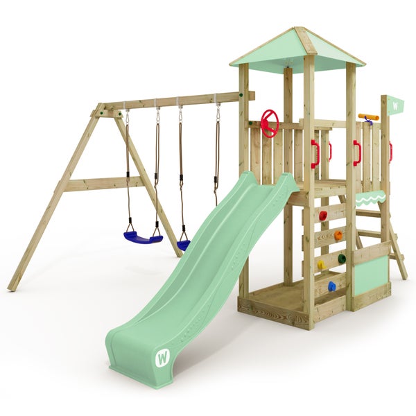 WICKEY Spielturm Klettergerüst Smart Savana mit Schaukel und Rutsche, Spielhaus mit Kletterleiter und Spiel-Zubehör – pastellgrün