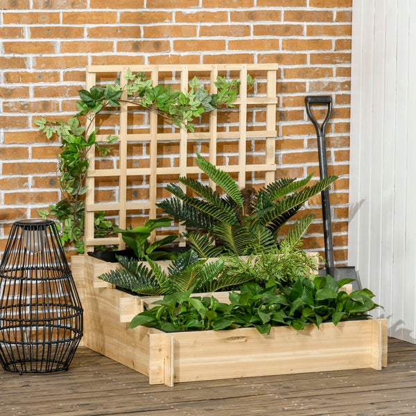 Outsunny 3-stufiges Hochbeet mit Rankgitter, Pflanzkasten aus Holz, Outdoor Blumenkasten, für Gemüse, Blumen, Kräuter, 95 x 95 x 110 cm