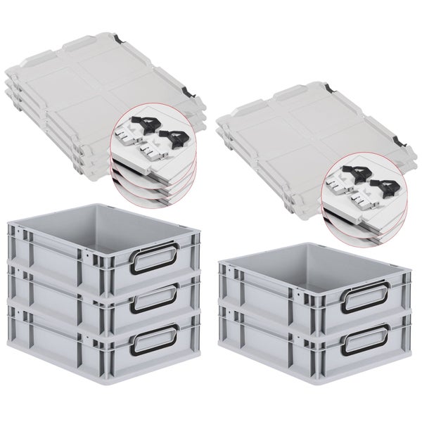 PROREGAL SuperSparSet 5x Eurobox NextGen Color mit Scharnierdeckel und Schiebeschnappverschlüssen, HxBxT 12x30x40cm, 11 Liter, Grau, Griffe schwarz geschlossen, Eurobehälter, Transportbox, Transportbehälter, Stapelbehälter
