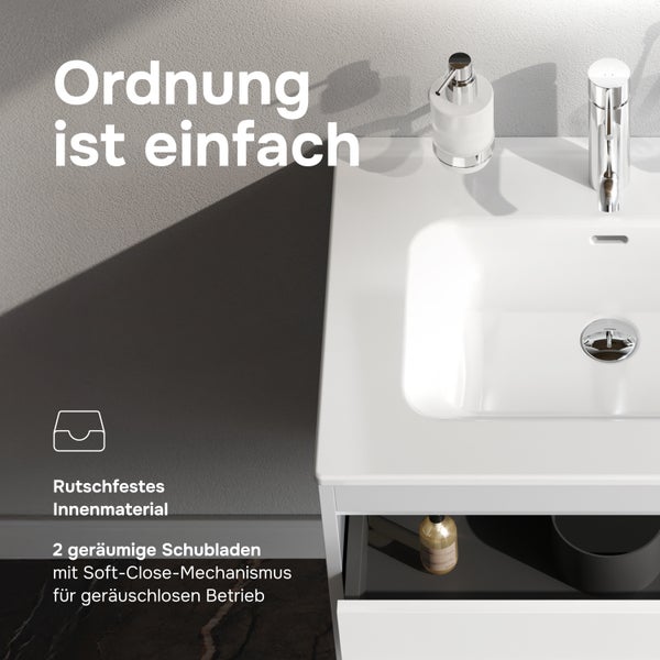 Waschtisch mit Unterschrank, zwei Schubladen mit Soft Close Mechanismus und rutschfester Einlage.