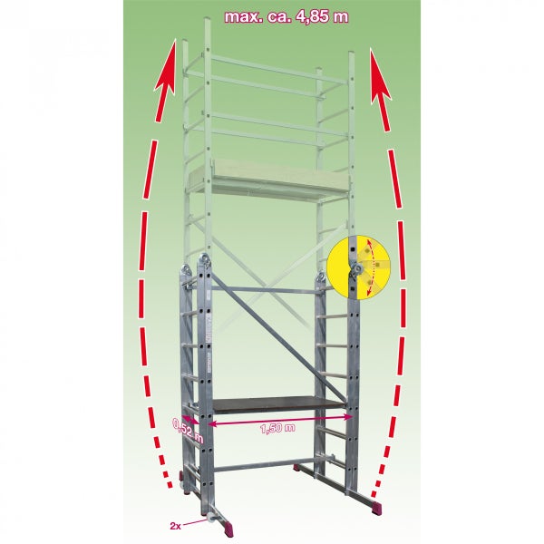 Höhenverstellbares Aluminiumgerüst bis maximal circa 4,85 Meter, Plattform 1,50 mal 0,52 Meter, fahrbar durch Rollen.