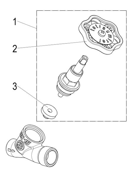 Technische Zeichnung eines totraumfreien Ventils mit Handrad, Ventileinsatz und Dichtung für ein Ventil der Nennweite 15.