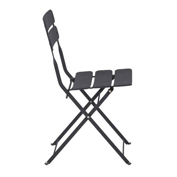 Schwarzer Klappstuhl aus Metall für Garten oder Balkon, Seitenansicht mit Lattensitz und Rückenlehne.