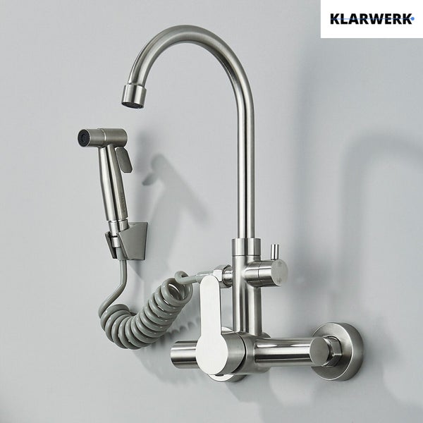 JULIE | Gastronomie Mischbatterie Wandmontage Armatur Silber | Profi Küchenarmatur Edelstahl mit Handbrause | Wasserhahn Restaurant Wand hoher Auslauf