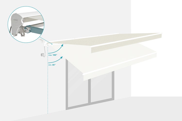 Kassettenmarkise mit einem Neigungswinkel von maximal 100 Grad und minimal 30 Grad